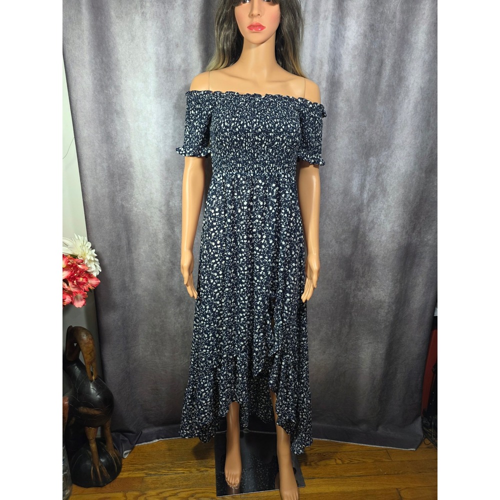 Mi Ami Navy Blue White Floral Off Shoulder Smocked High Low Ruffle Maxi Dress‎